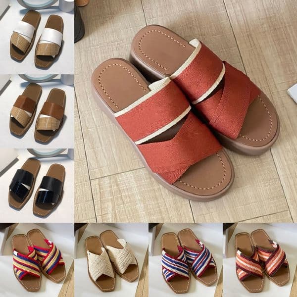 Woody Mules For Women Designer Mila Slippers Sandals Flat Slides Canvas Rubber Beige White Black Blue Red Lace Lettering Fabric Lady Summer Casual Flip Flops Scuffs