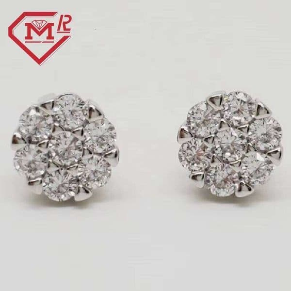 Flower Cluster Stud Round Moissanite Diamond 925 Sterling Silver Screw Back Hip Hop Earrings