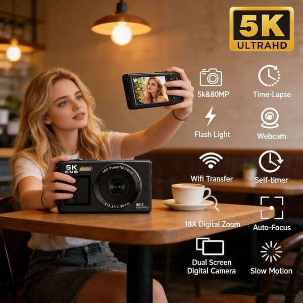 QWR For Kid Adult Photography 5K Dual Screen Digital Camera 80MP Retro CCD Photographic Cameras 8000W Pixel Auto Focus with 18x Zoom 26W0420