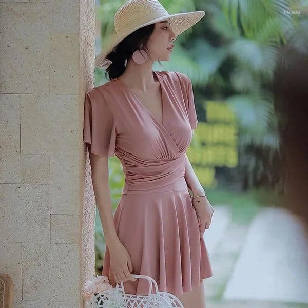 Women's Swimwear Korea Style Short Sleeve One Piece Swimsuit Women Solid Skirt Monokini Ruffle Push Up Pad Bathing Suit