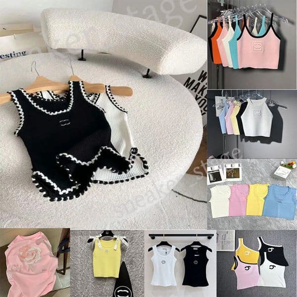 Womens designer summer knitted T-shirt short sexy suspender casual sleeveless camis Black White Pink Yellow Blue Top Shirt Vest