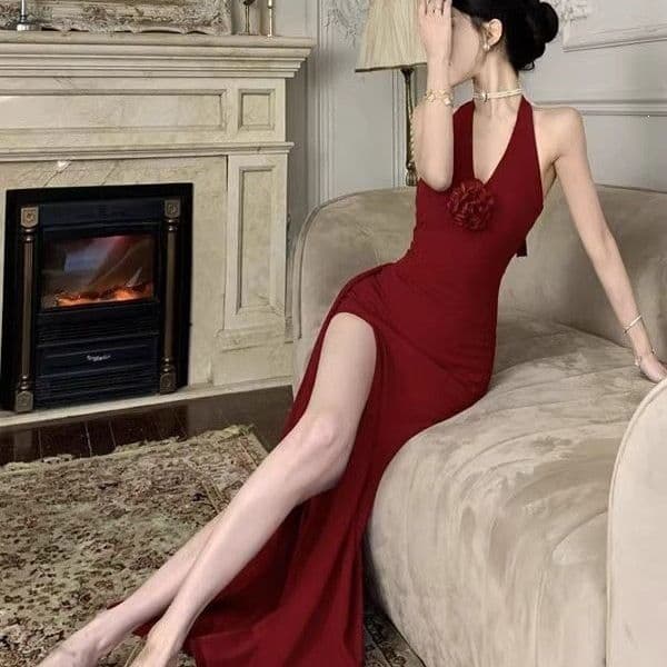 Bestseller Elegant And Alluring Ladylike Style, Sexy Slit Stunning Red Halter Neck Tight-Fitting Bodycon Long Dress, Summer 2026 Ddmylion