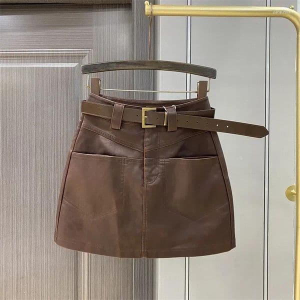 Skirts High Waisted Leather Half Body Women's Autumn Winter A-line Retro PU Short Skirt Coffee