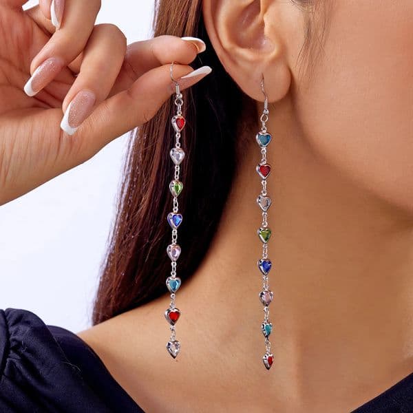 Boho Colorful Crystal Heart Tassel Earrings for Women Sparkly Rhinestone Long Tassel Dangle Drop Earrings Wedding Party Jewelry 260423