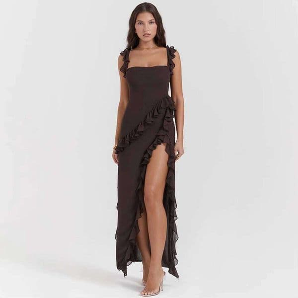 Summer Sexy Maxi Long For Women High Split Ruffles Sweet Suspender Square Neck Casual Dress