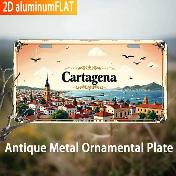 2D Flat, 1pc Vintage Industrial Metal Aluminum Sign 6x12 Inch - Wall Art with Scenic Cartagena Cityscape, Birds & Clouds 26Y0423