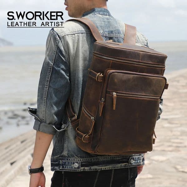 Vintage Genuine Leather Backpack Laptop Bag Crazy-horse Leather School Bag Outdoor Travel Weekender Shoulder Bag 260422