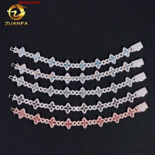 Unique Design 15mm Marquise Flower Hip Hop Jewelry Iced Out Multi Color Moissanite Diamond Clover Infinity Cuban Link Bracelet