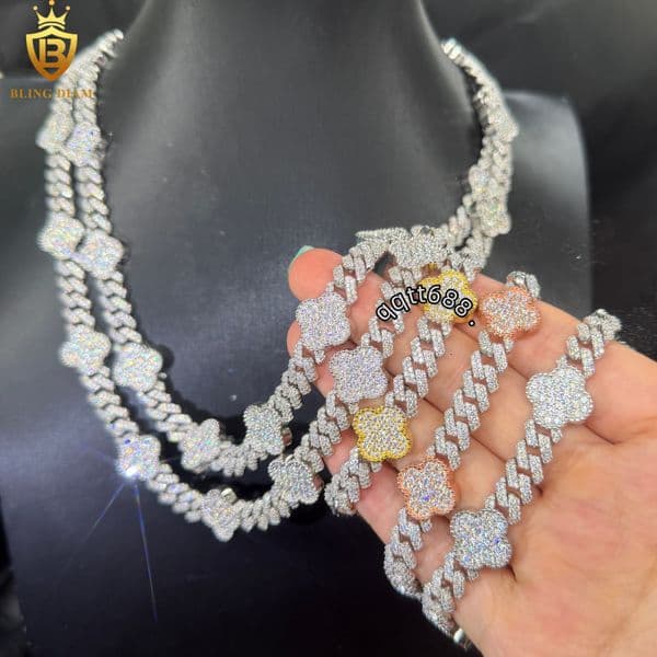 8mm 925 Silver Chain Moissanite Cuban Bracelets Mens HipHop Style Four Leaf Clover Cuban Moissanite Link Chain Pass Diamond Test