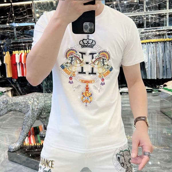 2026 Summer Trendy Men's Short-Sleeve European Style Round Neck Casual Personality High-End H Brand Rhinestone Embellished Half-Sleeve T-Shirt
