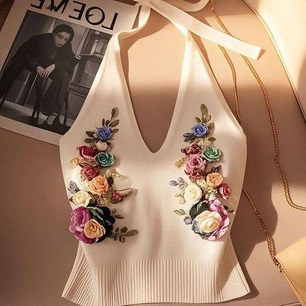 Three-Dimensional Floral Halter Neck Camisole For Women, Summer Outerwear, Sweet Spicy Style, Off-Shoulder, Beautiful Back, Beach Vacation Top Asia Size