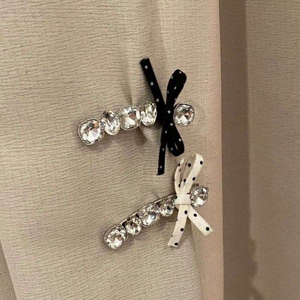 2026 New Style Korean Black and White Polka Dot Bowknot Rhinestone Hairpin Fashion and Sweet Side Parting Hair Clip Side-Parting Hair Decoration for Women