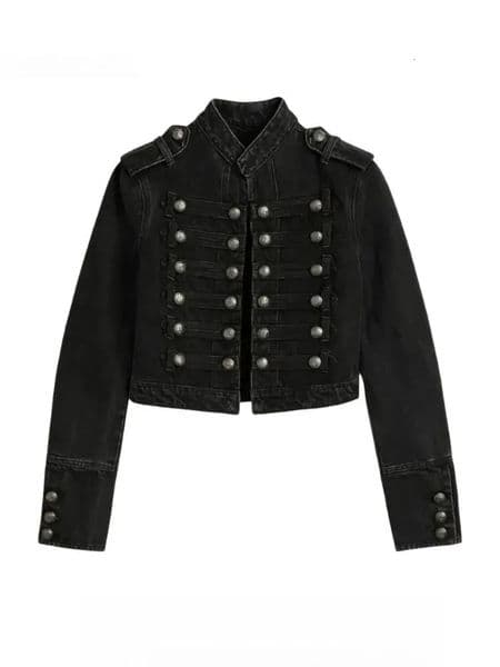 Y2K Retro Hussars Jacket Stand Collar Double Breasted Button Cropped Jacket Napoleon Old Money BLK Denim Jacket Women Boxy Coat 260424