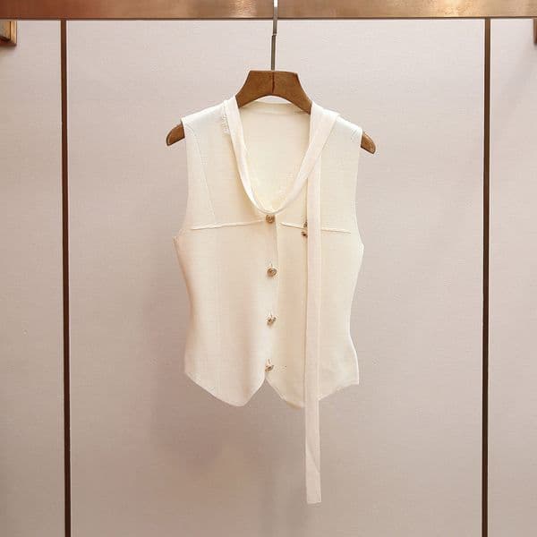 High-End Women's Clothing Spring/Summer New Style Elegant and Sophisticated V-Neck Ribbon Short Knit Vest