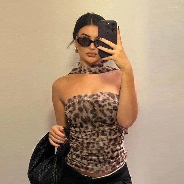 Women's Blouses Women Tulle Leopard Print Top With Bandeau Off-the-shoulder Straight-cut Neckline Summer Casual Girls For Blouse