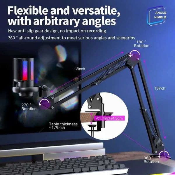 USB Condenser Microphone RGB Esports Game Call Recording Condenser Mic with Metal Boom Stand Desktop Mic for Studio Recording J260423B9OV