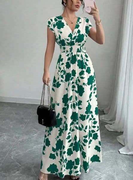Summer Womens V-neck Dress Short-sleeved High-waisted Plant Print Simple Fashion Holiday Casual Long Dress for Female 260423