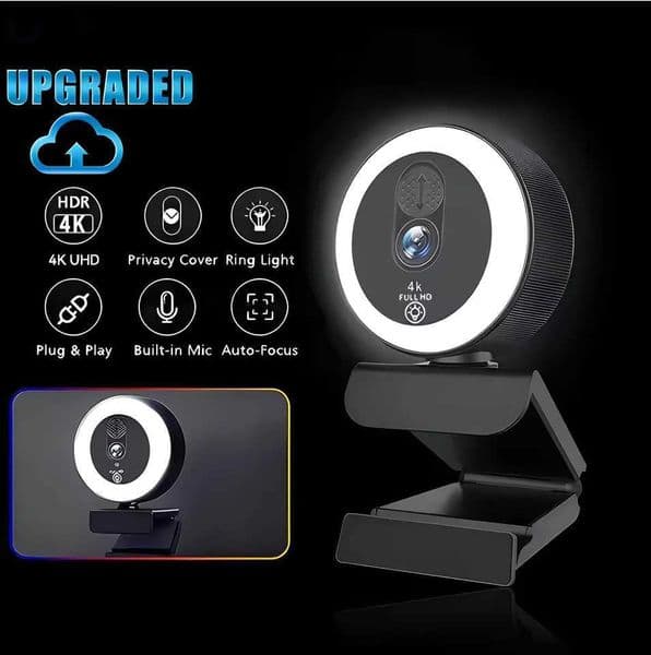 EXHQDR Streaming PC Webcam w/ Ring Light 4K/2K/1080P PlugPlay HD Camera Creative Christmas Gift Conference Computer Webcam J260423