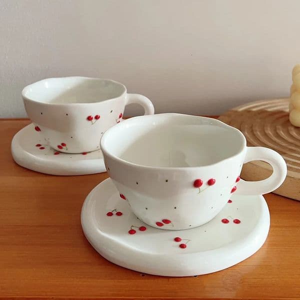 Hand-Painted Cherry Ceramic Cup Set Handmade Vintage Style for Coffee Tea Instagram Cute Afternoon Drinkware Girls Gift 260423
