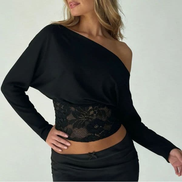Elegant Patchwork Lace TShirt See Through SlimFitting Crew Neck OffShoulder Long Sleeve Tees Women 2026 Autumn Winter Fashion 260423