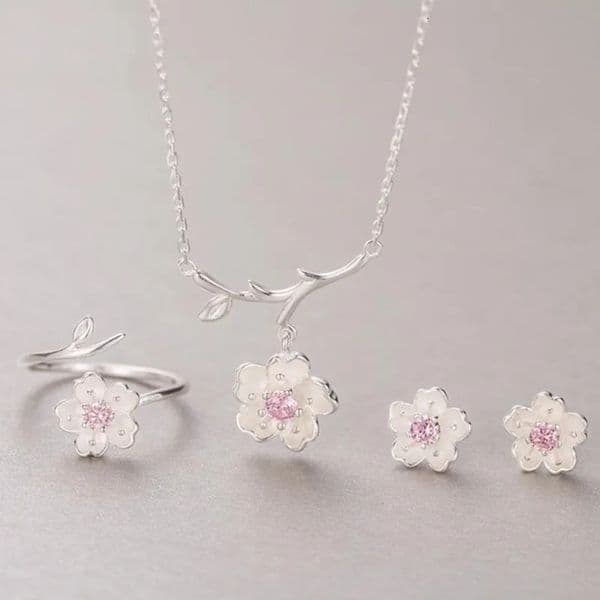 Elegant Pink Cherry Blossom Flower Cubic Zirconia Jewelry Sets for Women Floral Necklace Bracelet Earring Ring Wedding 260423