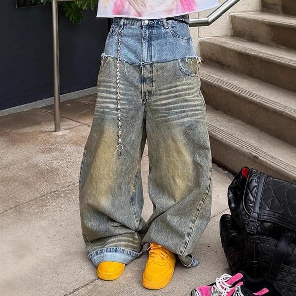 Mens Loose Spliced Casual Daily Trendy Wide Leg Denim Trousers European American Fashion Male Jeans Pants Bottom Clothes 260423