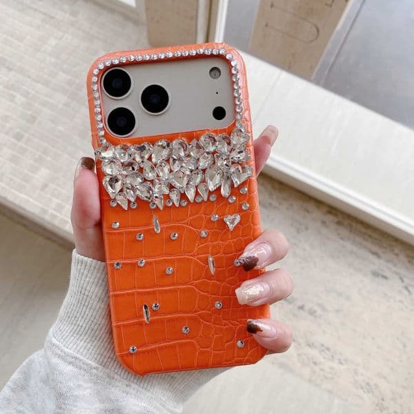 Orange Leather Glitter Diamond Phone Case for IPhone Air 17 16 Plus 12 13 14 15 Pro Max Luxury Bling Rhinestone Protective Cover J260423
