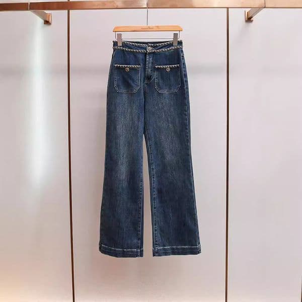 High-End Women's Clothing Retro American Style Chain Design Slimming High-Waisted Straight Wide-Leg Jeans for Women