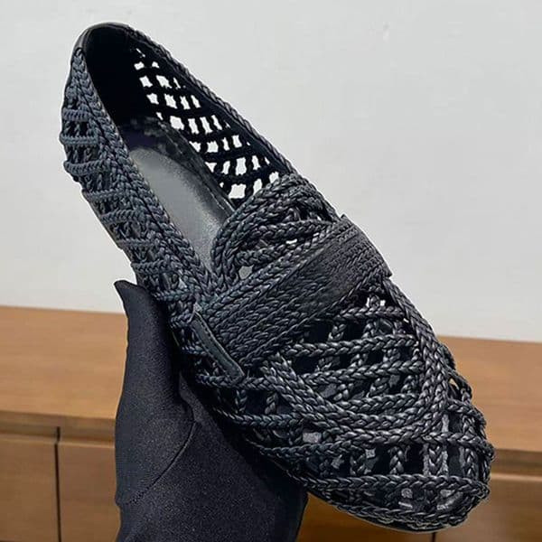 Luxury Designer Womens Moccasins Round Headed Hollowed out Women Sandals Miss fishing net single shoes Mesh knitted fabric genuine leather outsole with boxs