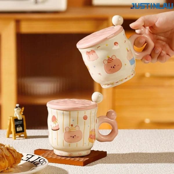 JUSTINLAU Little Bear Cartoon Cute Ceramic Cup Mug Suitable for Children Cartoon Mug with Lid Ceramic Cup Breakfast Milk Cup 260423