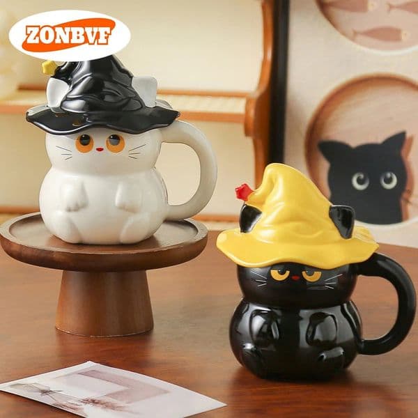 Creative Magic Hat Cat Ghost Ceramic Mugs with Lid Personalized Coffee Cups Couple Milk Cup Breakfast Mug Halloween Gifts 260423