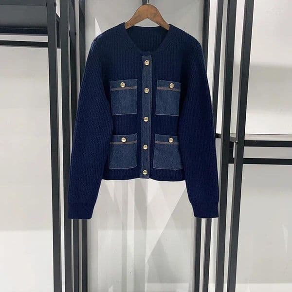 Women's Jackets Single-Breasted Metal Buckle Knitted Coat Denim Pocket Patch Ladies Cardigan Knitwear Round Neck Jacket Top