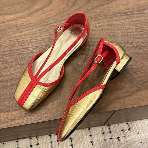Luxury Designer Women Retro Square Toe Flat Sandals Contrast Trim Pattern Casual Summer Daily Walking Fashion Premium Dress Shoes