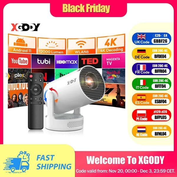 XGODY Portable Gimbal 3S 12000LM 4K Projector 24G/5G WiFi Bluetooth 54 Android 11 Mini Home Theater Portable projector J260423
