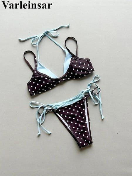 Women's Swimwear Sexy Polka Dot Plaid Halter Bikini Female Swimsuit Women Two-pieces Set Splicing Bather Bathing Suit Swim V8027