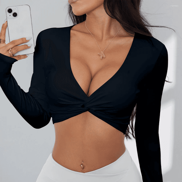 Active Shirts Anfilia Women Fitness Yoga Top Sexy V-Neck Front Twist Design Long Sleeve Quick Dry Breathable Built-In Bra Gym Running Crop