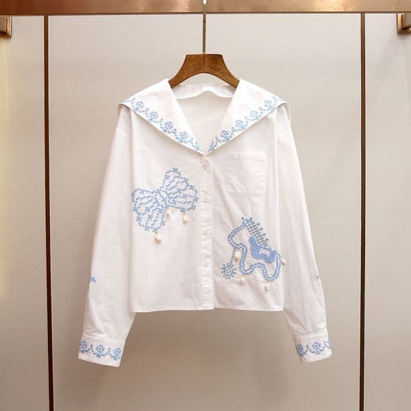 High-End Women's Clothing Spring New College Style Age-Reducing Heavy Embroidery Pendant Navy Collar Shirt Top