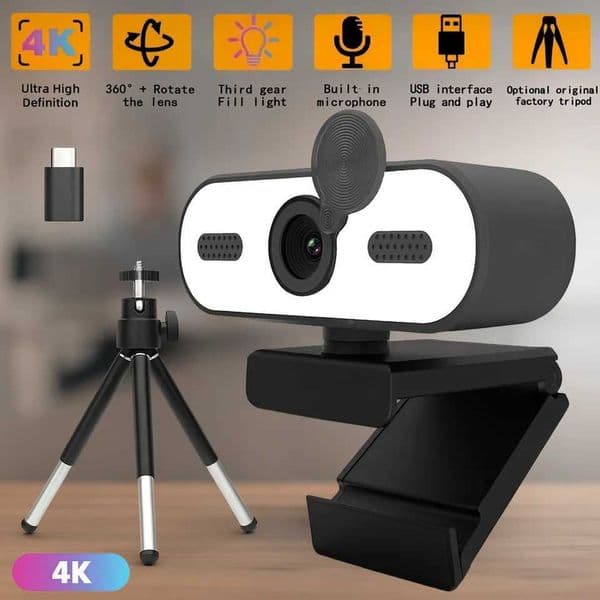 4K Ultra HD Autofocus Webcam w/ Mic 360 Base Triple Fill Light USB Type-C Compatible Plug Play for Streaming Meetings J260423
