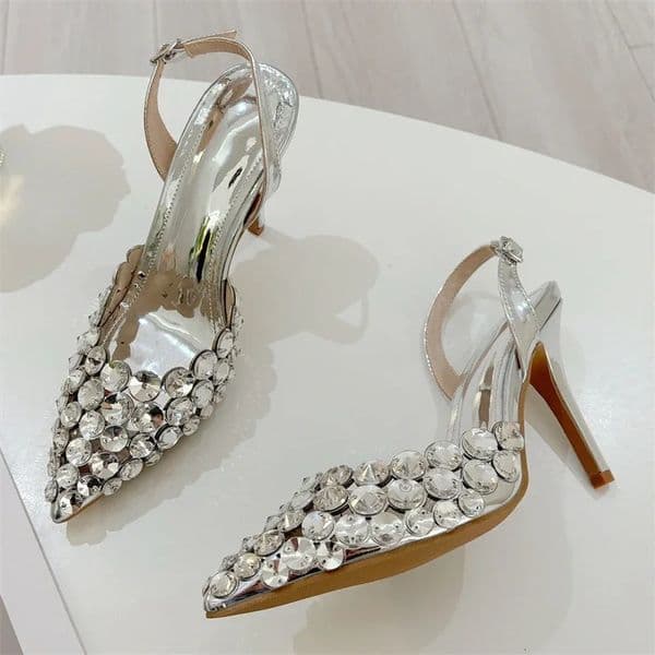 Aneikeh Fashion Stiletto Pumps Summer Silvery Rhinestone Hollow Strap High-heeled Sandals Women Wedding Banquet Shoes 260424