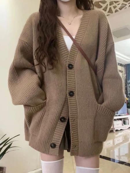 Women's Knits Autumn Winter Women Cardigan Sweater Coats Fashion Female Long Sleeve V-neck Loose Knitted Jackets Casual Cardigans