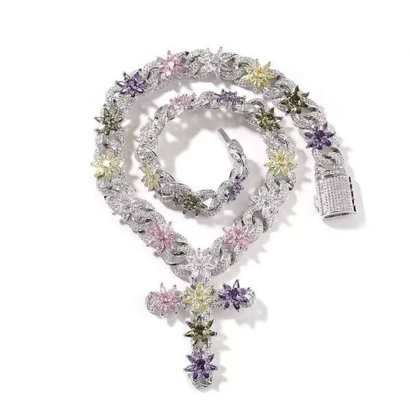 Fashionable Colored Cross Necklace European And American Hot Selling Moissanite Flower Cuban Pendant