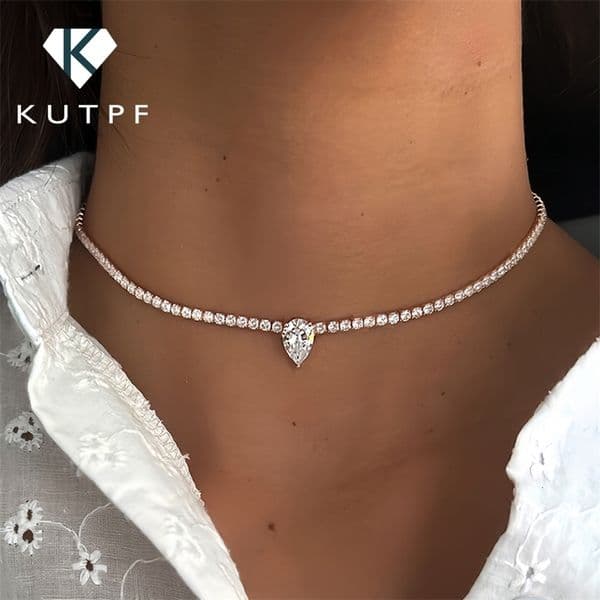 Certified Full Riviera Tennis Necklace with Waterdrop Diamond Pendant for Women 925 Sterling Silver Adjustable Choker 260423