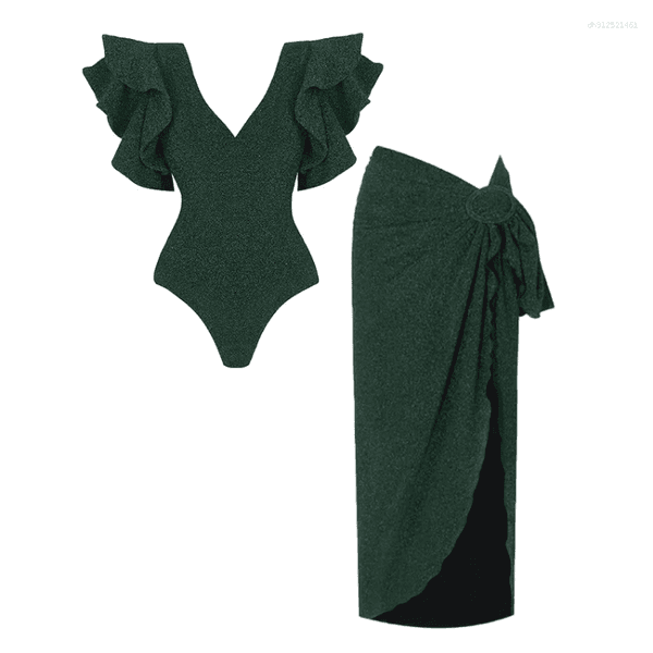 Women's Sleeveless Solid Slim-Fit Color Lace Trim Ruffle Swimwear Set Beach Vacation Summer Bikini With Maxi Dress Skirt