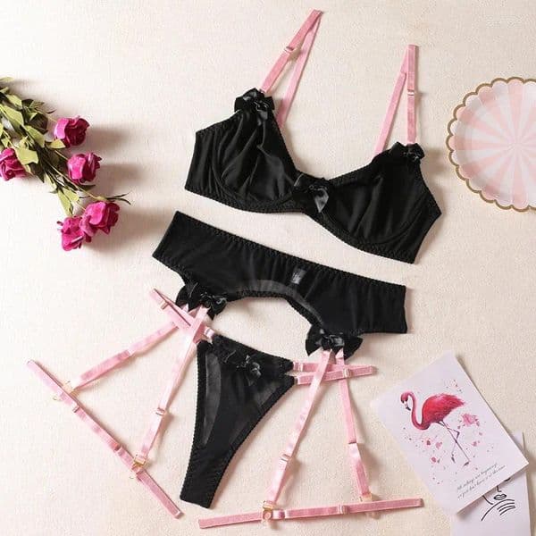 Women's Swimwear Bikini Color Block Leg Ring Underwire Bra Garter Belt Bowknot Sexy Lingerie Three-Piece Set