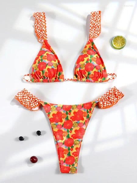 Women's Swimwear Ruffles Bikini Triangle Swimsuits Floral Printed Women 2026 Bandage Bathing Suit Micro Thongs Biquini Mujer Beachwear
