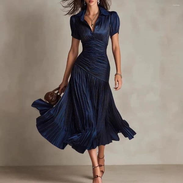 Casual Dresses 2026 Summer Women's Striped High-waisted Shirt Dress Waist Slimming Short-sleeved Lapel A-line Skirt