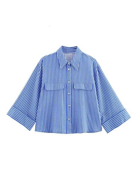 2025 Women Summer Shirts Blouses Tops Casual Striped Linen Loose Pockets Female Elegant Street Short Top Clothing 260423BANJIA