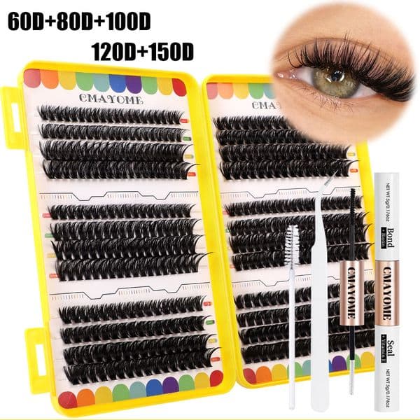 DIY Lashes Cluster Kit with Lash Bond and Seal Strong Hold, Thick Fluffy DIY Individual Eyelashes Soft Lightweight Comfortable to Wear, Reusable Eyelash Clusters