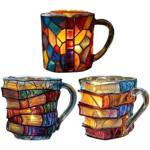 Luxury Designer Decor Cappuccino Colorful 3D Library Book Shelf Milk Tea Arabic Resin Glass Coffee Cup Kitchen room Mug Decoration For Home 2