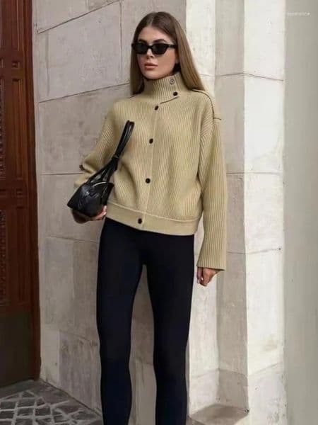 Women's Knits Women Elegant Green Knit Cardigan 2026 Autumn Turtleneck Single Breasted Sweater Tops Winter Chic Commute Lady Knitwear